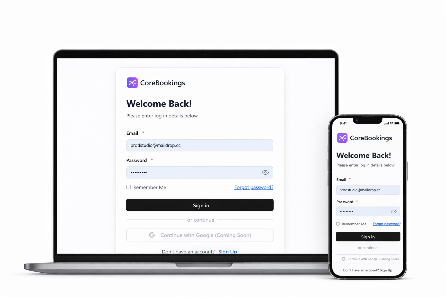 CoreBookings login page