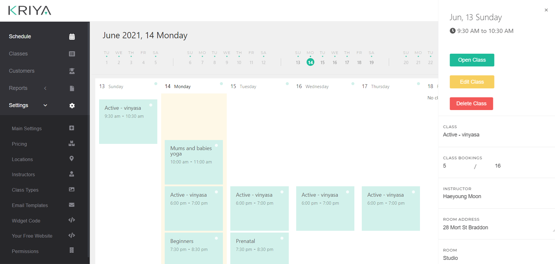 Yoga Studio Classes Schedule - KRIYA Software