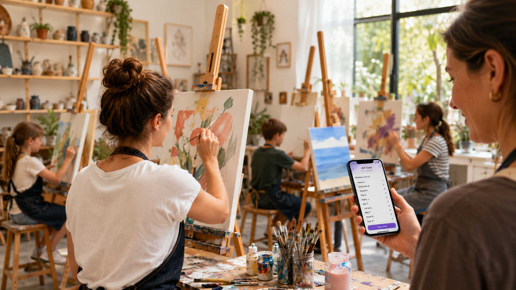 Art class in an Australian studio with CoreBookings booking on phone