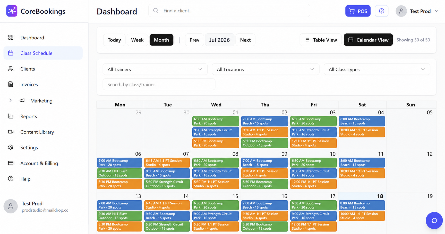 CoreBookings dashboard showing outdoor bootcamp session schedule