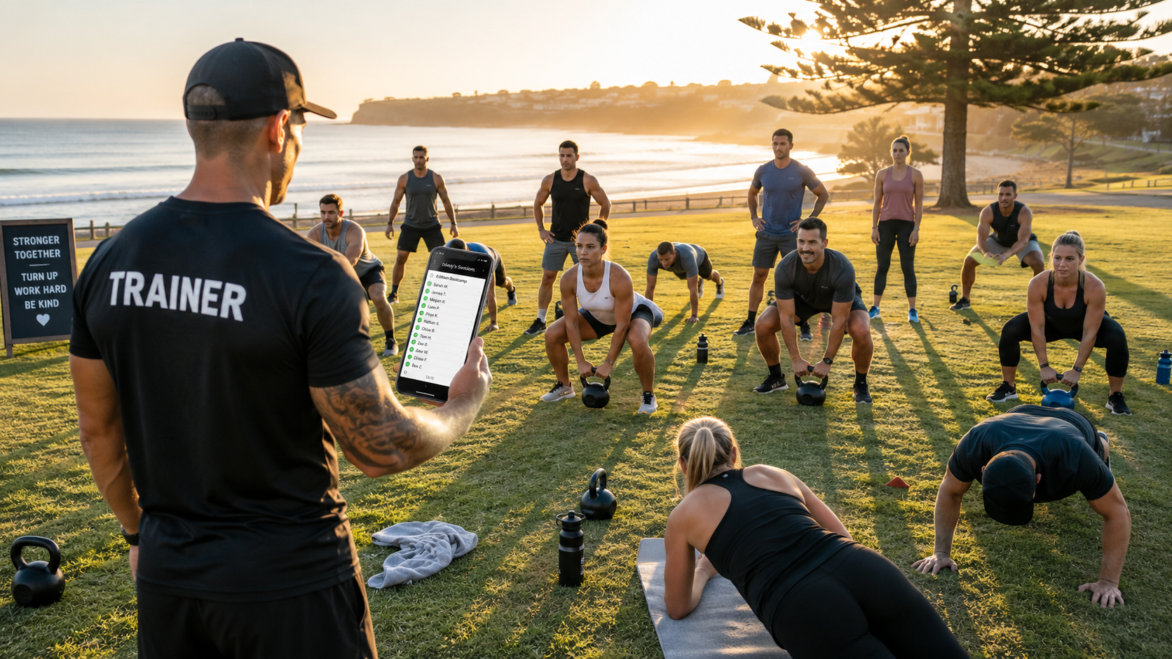 Outdoor bootcamp class with CoreBookings booking on phone