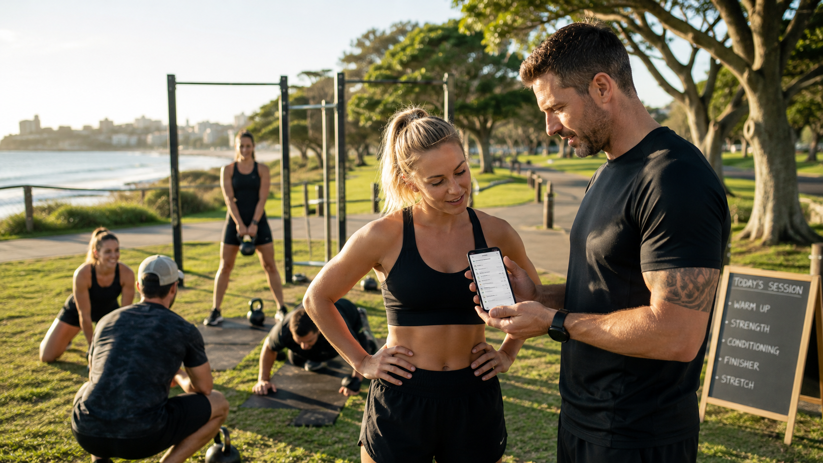Bootcamp personal trainer managing group and private outdoor sessions