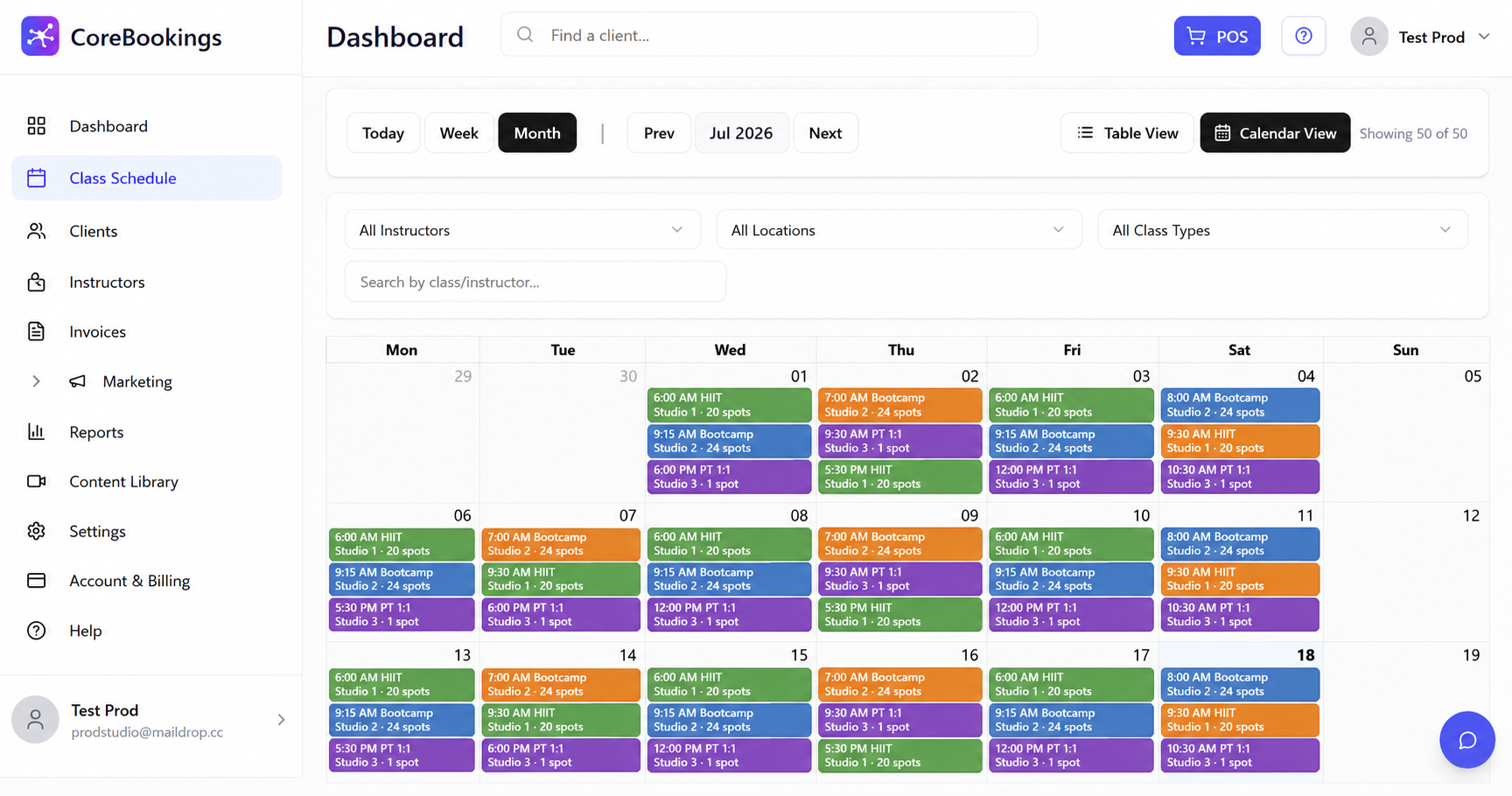 CoreBookings dashboard showing the fitness class schedule table