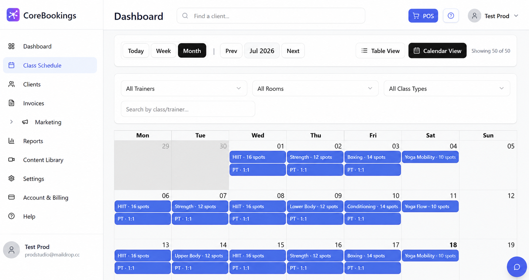 CoreBookings dashboard showing gym class schedule