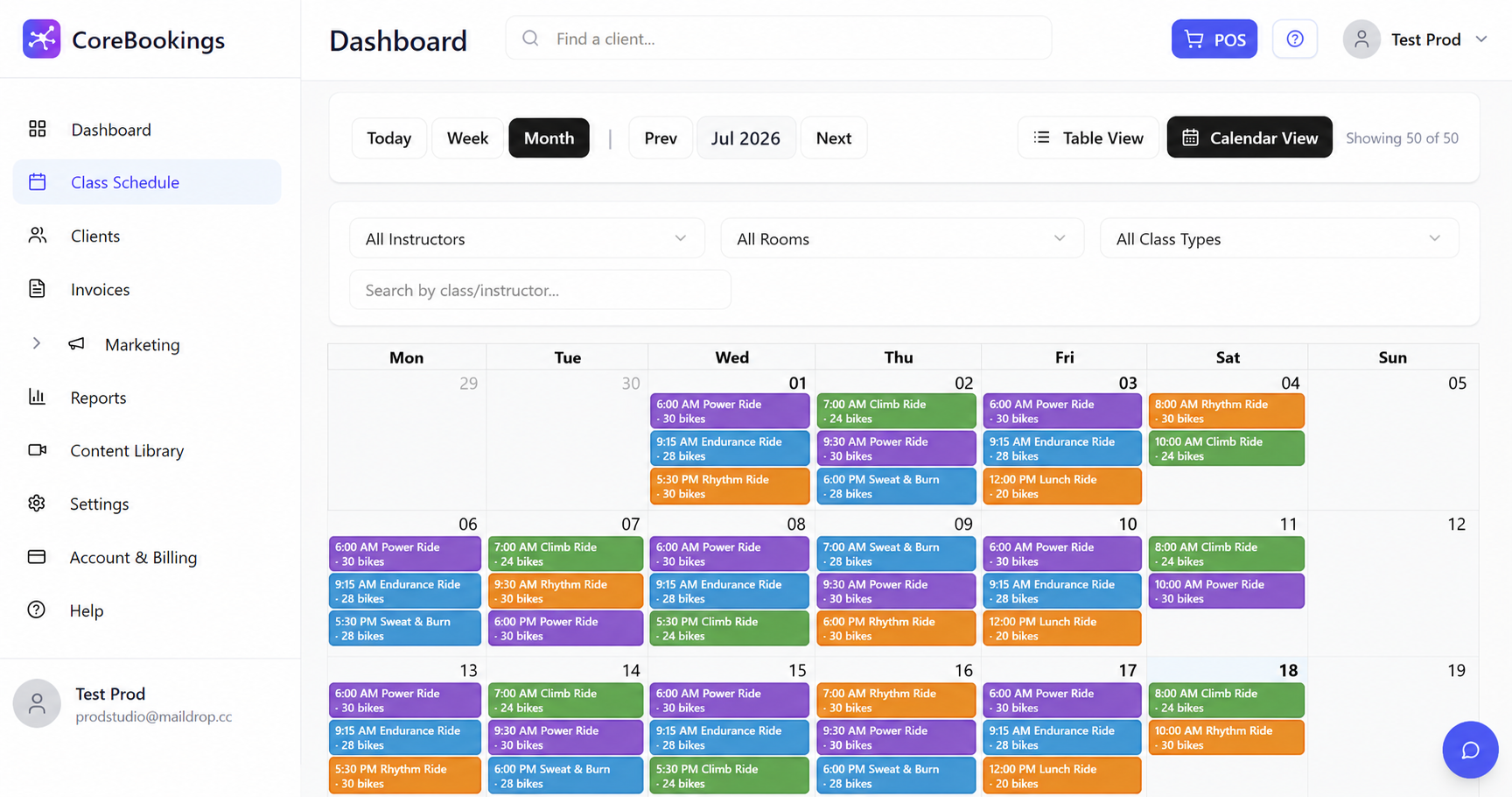 CoreBookings dashboard showing indoor cycling class schedule