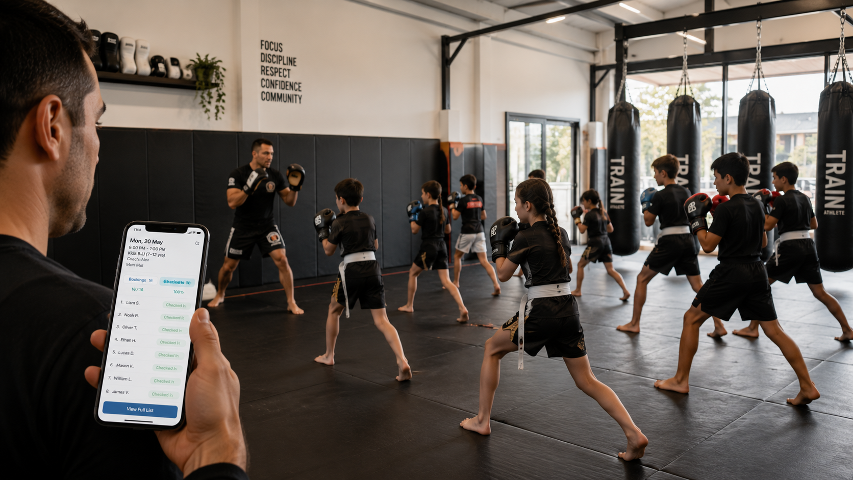 Martial arts class with CoreBookings attendance on phone