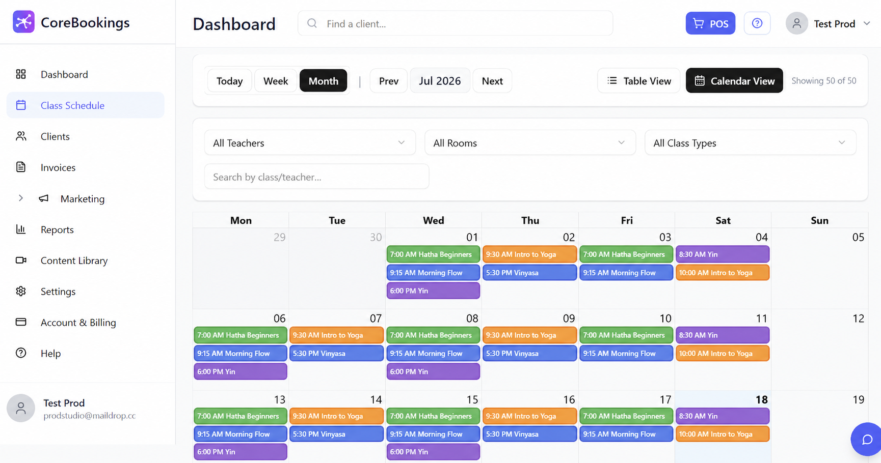 CoreBookings dashboard showing new yoga studio class schedule