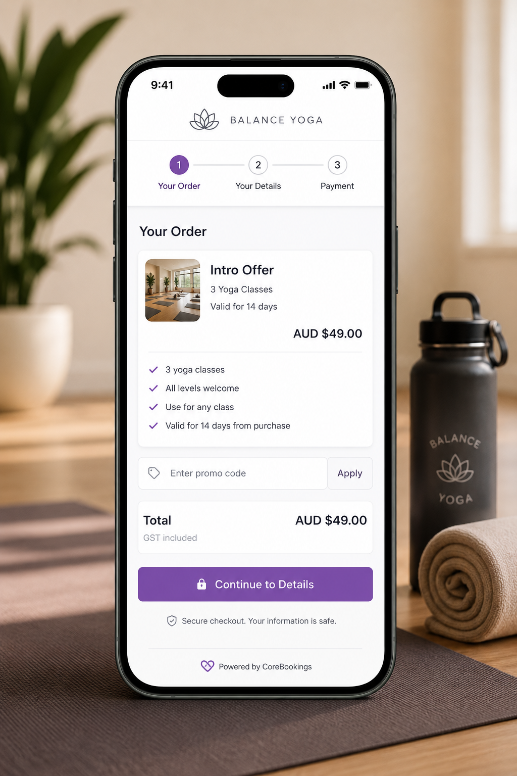 Student buying a yoga class pack online with CoreBookings