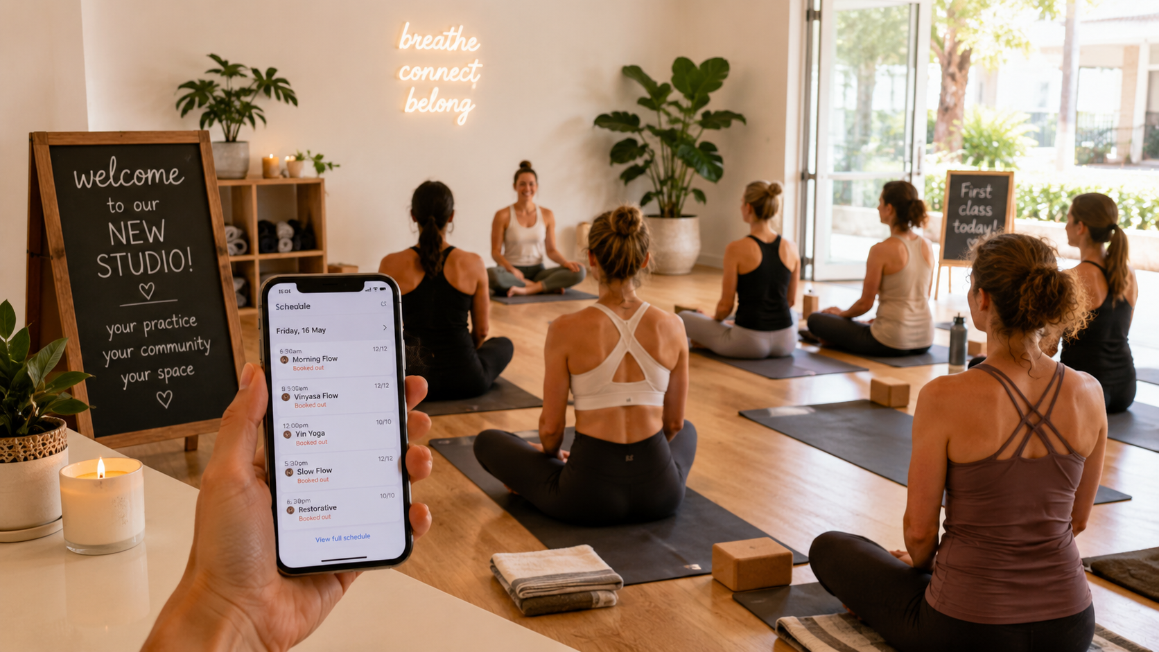 New yoga studio class with CoreBookings bookings on phone