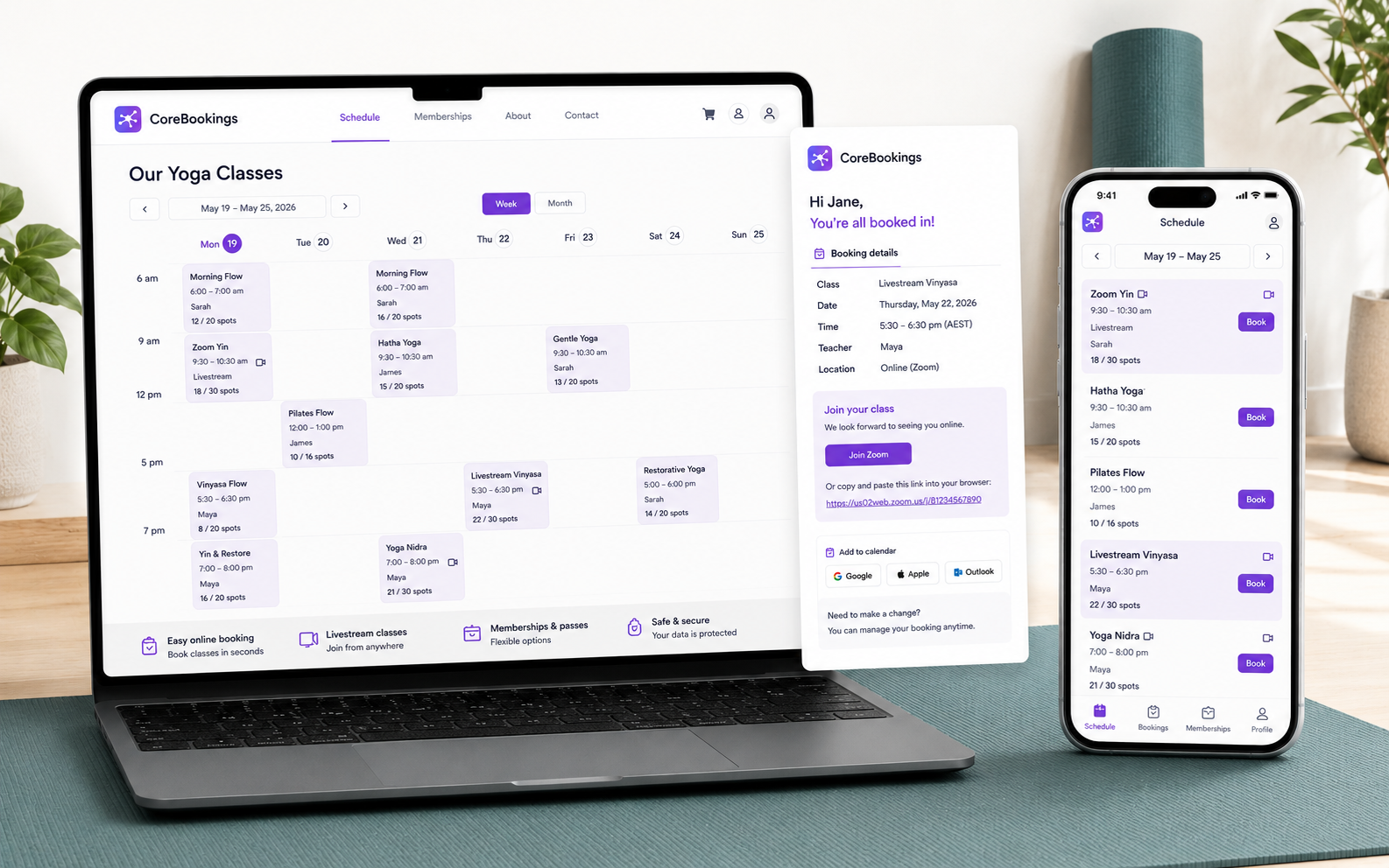 CoreBookings online yoga booking on Mac and iPhone with Zoom join link