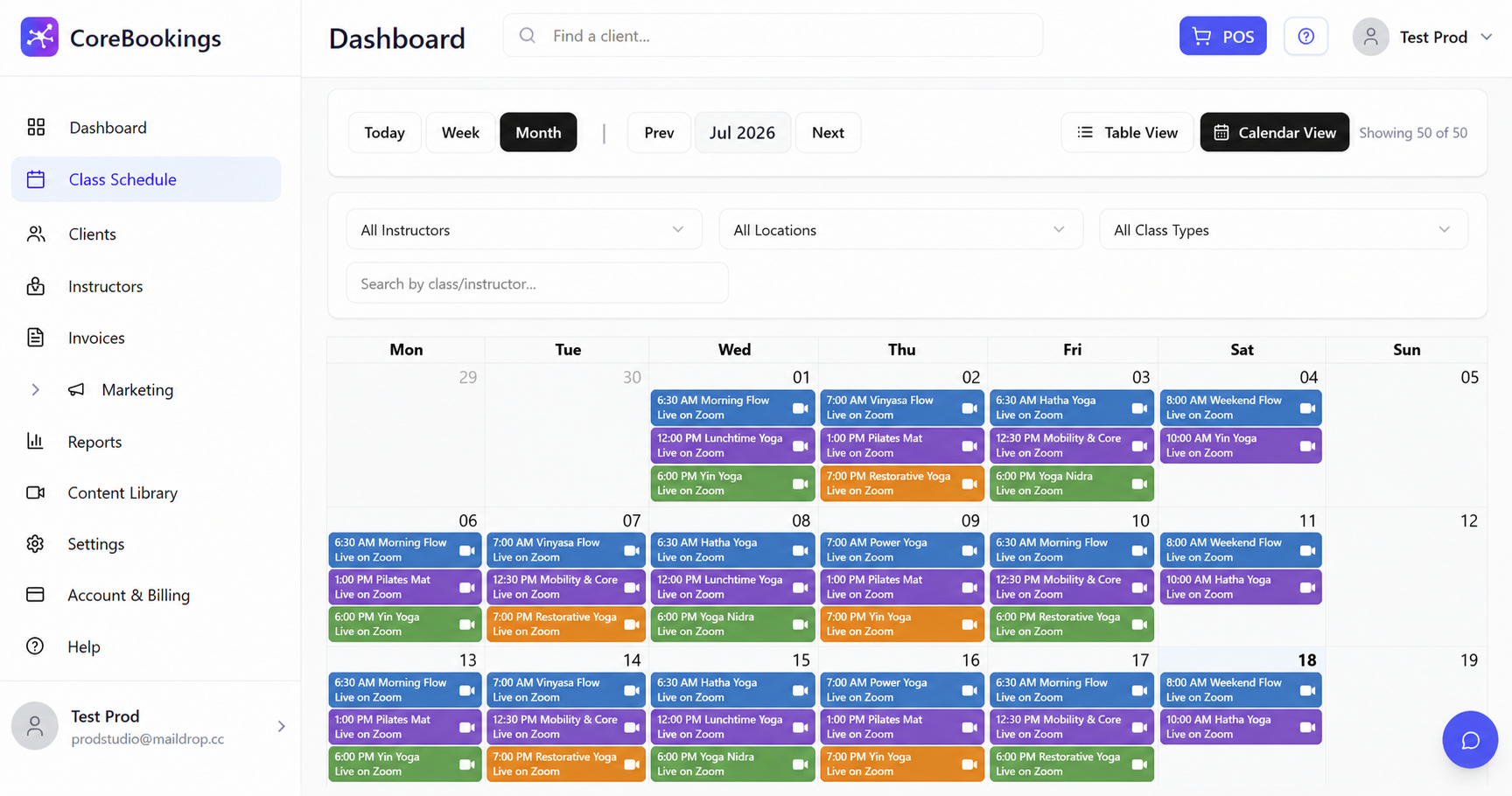 CoreBookings dashboard schedule showing online Zoom classes with spots remaining