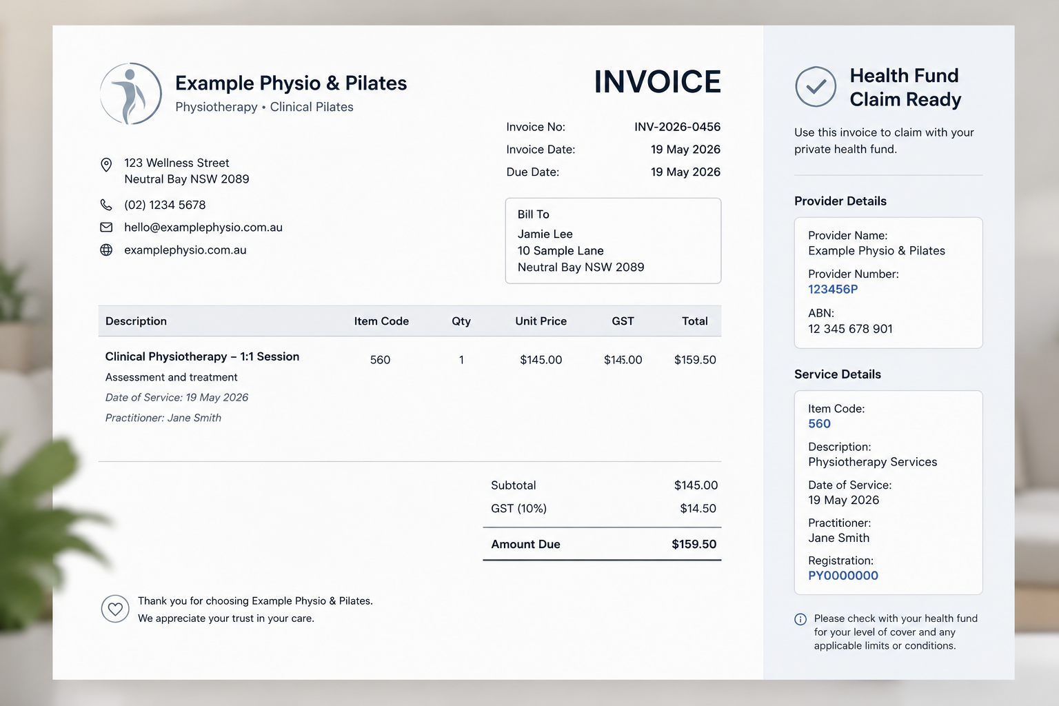 Invoice with provider number and item codes for private health claims