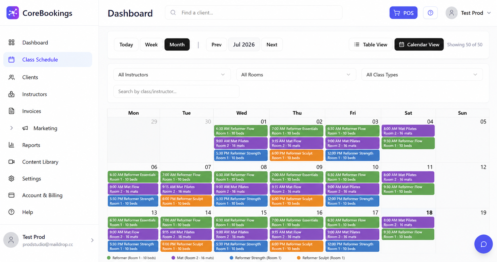 CoreBookings dashboard showing Pilates reformer classes with capacity