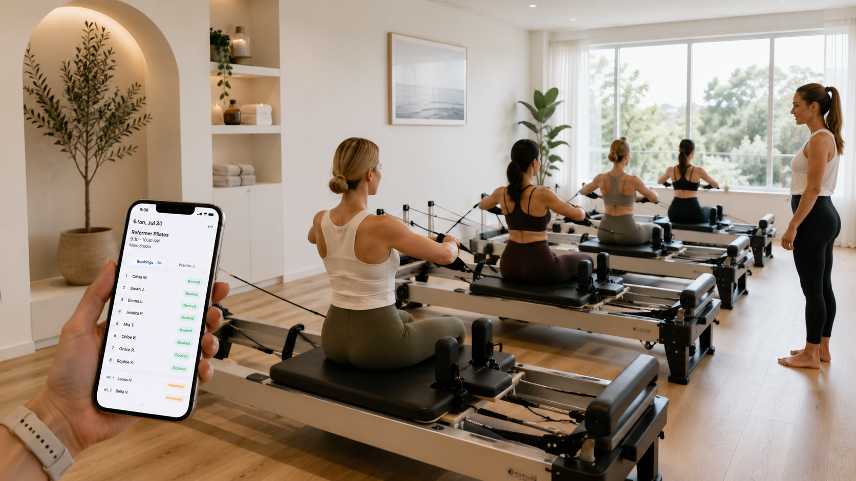 Reformer Pilates class with CoreBookings attendance on phone